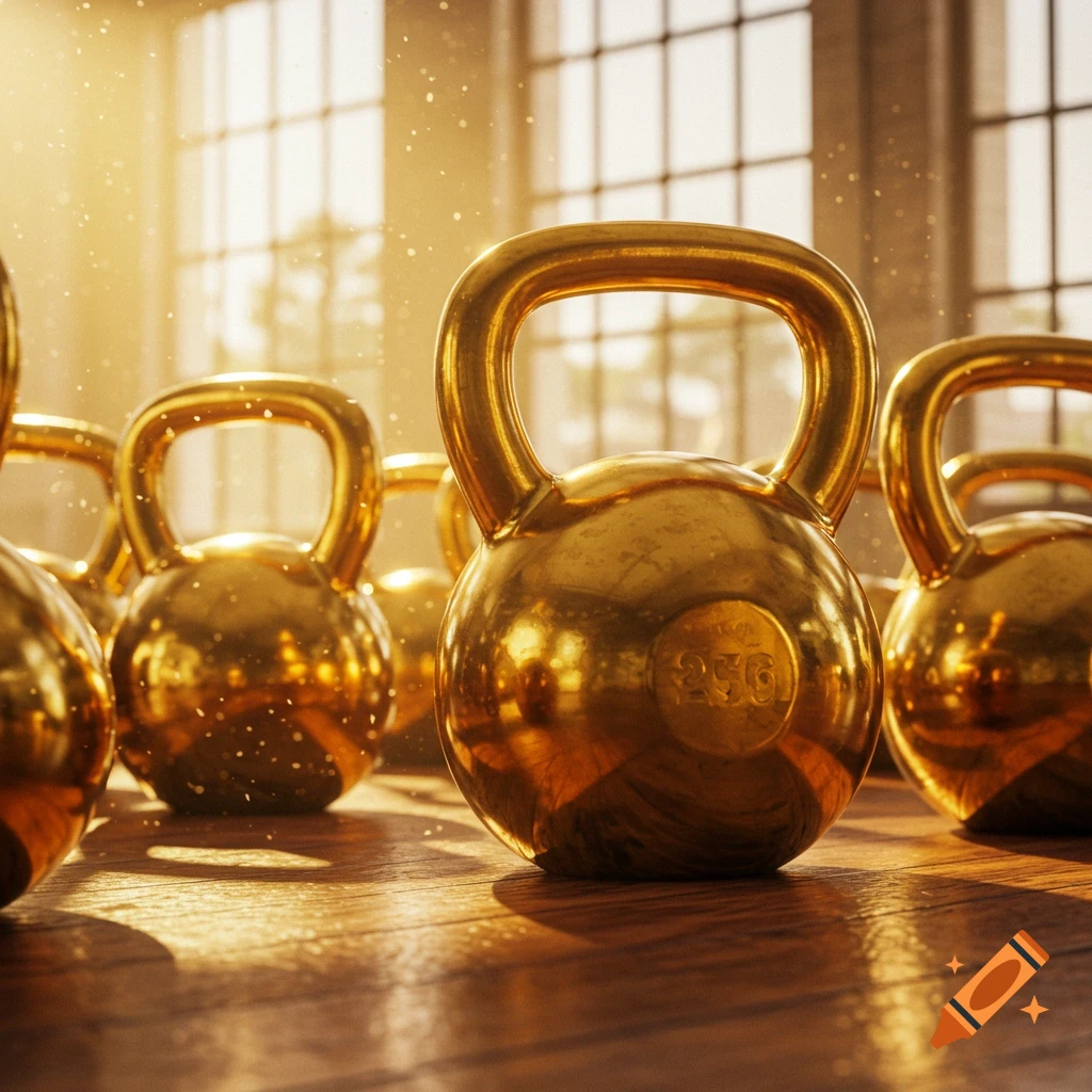 ゴールドのケトルベルが並ぶ明るいジム