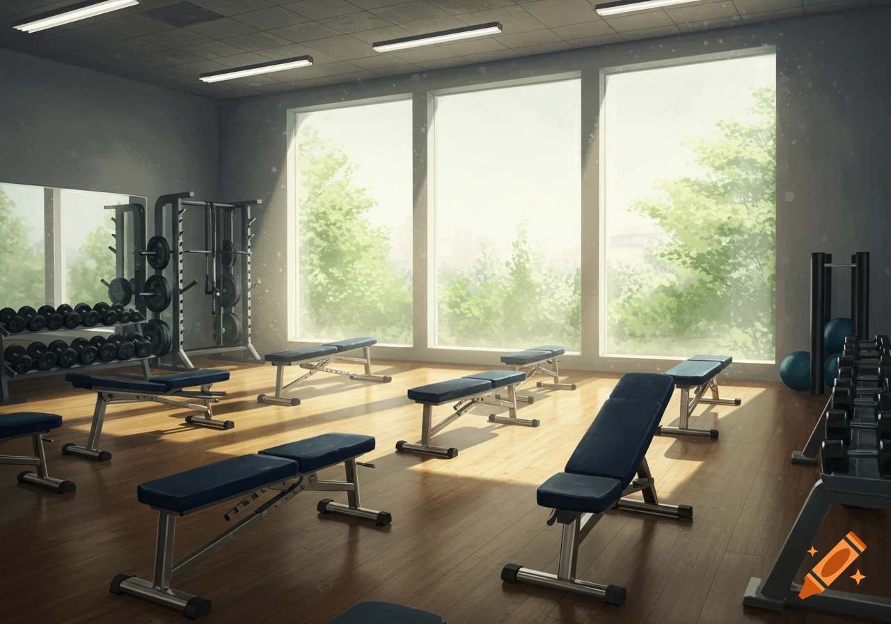 明るいジムの内部 ダンベルラックとベンチプレス台が並ぶ