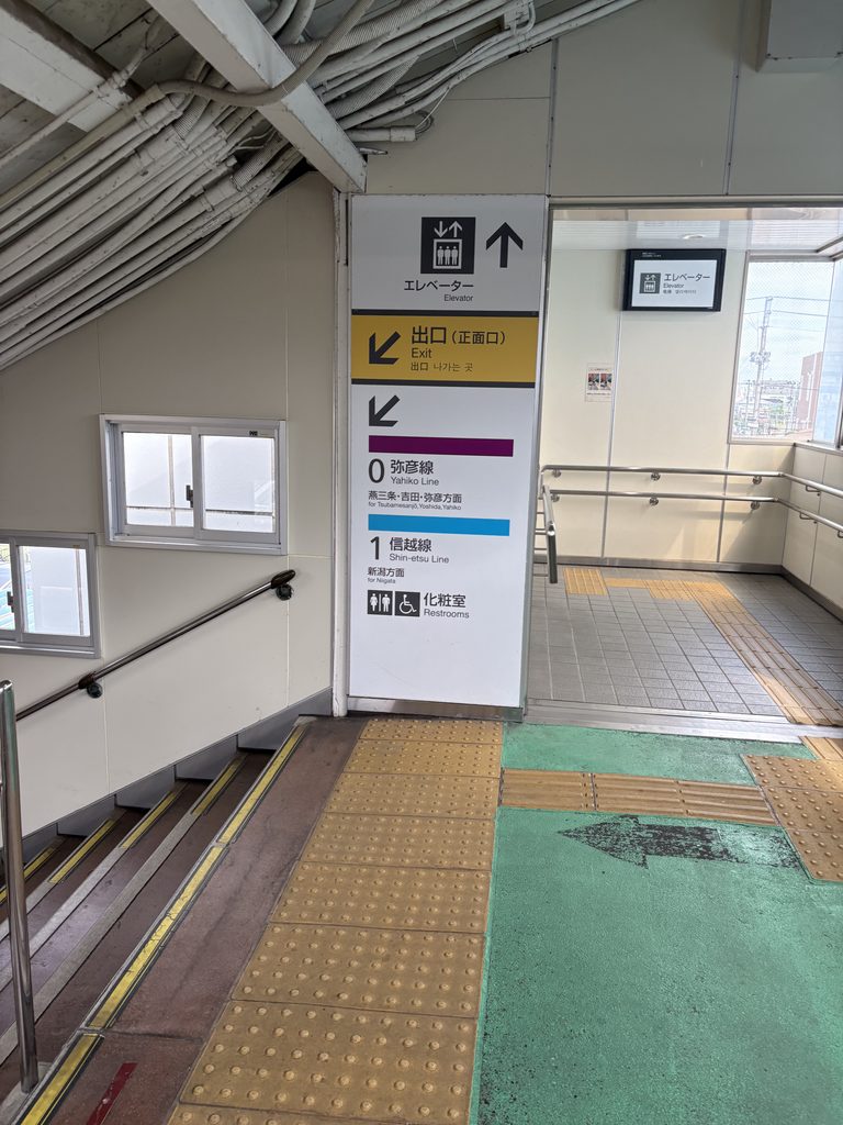 東三条駅の階段と案内板。0番線が弥彦線、1番線が信越線