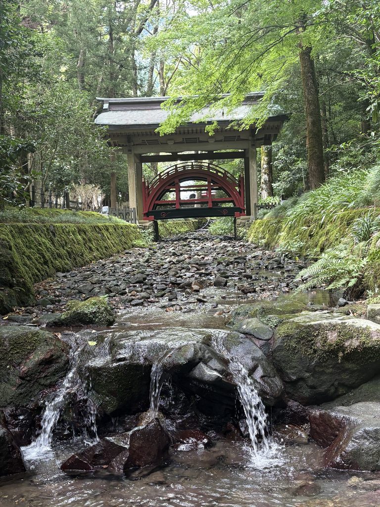 彌彦神社の玉の橋。朱塗りの反り橋と苔むした渓流
